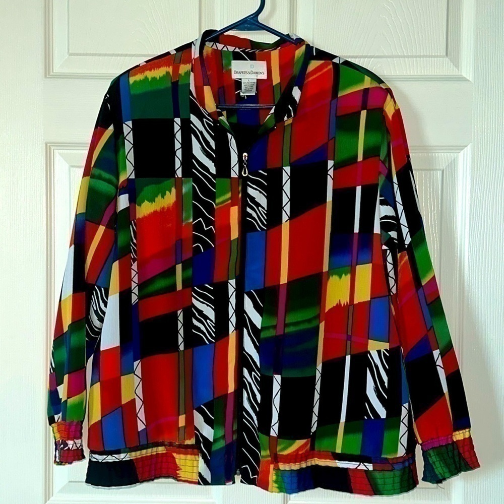 80s 90s Style Drapers & Damons Jacket 100% Polyester Lined Bold Full-Zip Sz L